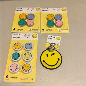 Yoobi SmileyWorld Enamel Pin and Eraser Set - Yellow, Blue, Pink and Keychain